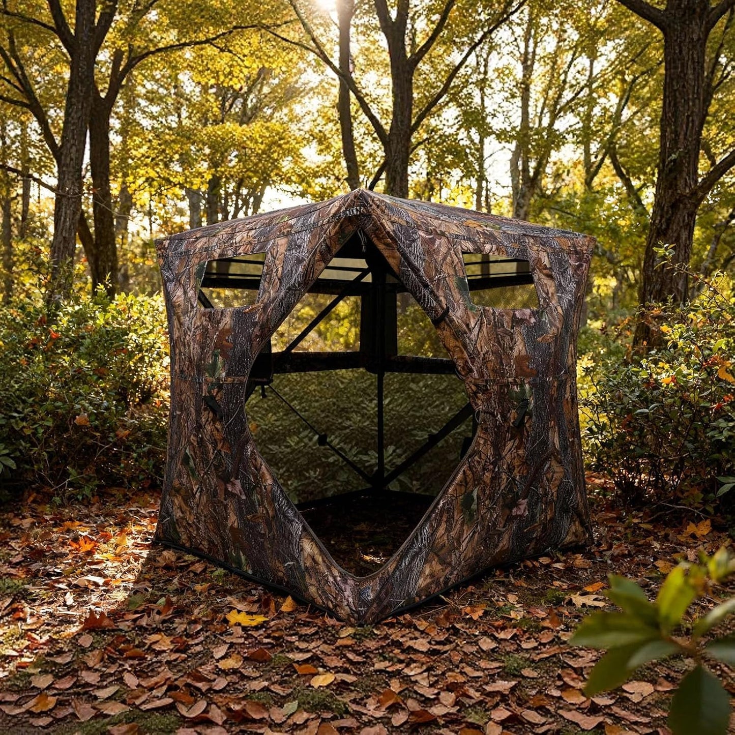 Hunting Blind with Floor Mat, 360 Degree See through Ground Blind with Carrying Bag, 2/3/4 Person Pop up Camouflage Tent Portable Concealed Shelter