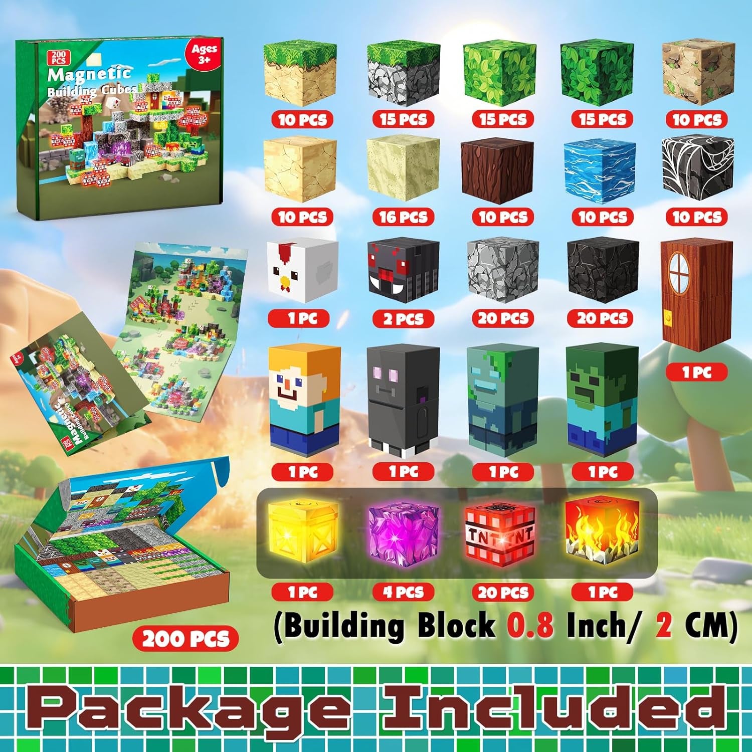 200PCS Magnetic Blocks with Light-Up Blocks - Magnetic Building Blocks Playset, Magnetic Stacking Cube Toys, STEM Sensory Montessori Learning Toys, Birthday Gifts for Kids Boys and Girls Age 3+