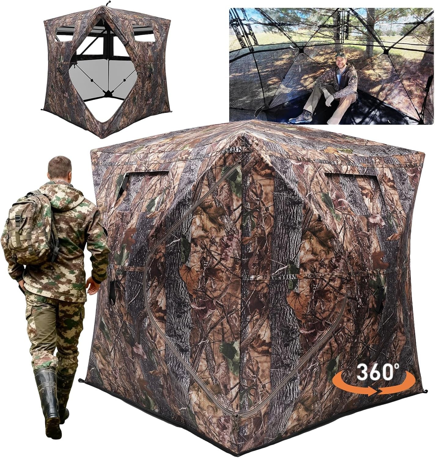 Hunting Blind with Floor Mat, 360 Degree See through Ground Blind with Carrying Bag, 2/3/4 Person Pop up Camouflage Tent Portable Concealed Shelter