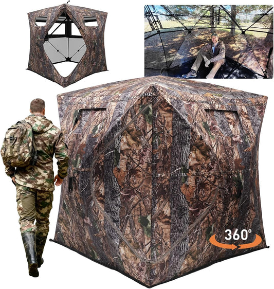 Hunting Blind with Floor Mat, 360 Degree See through Ground Blind with Carrying Bag, 2/3/4 Person Pop up Camouflage Tent Portable Concealed Shelter