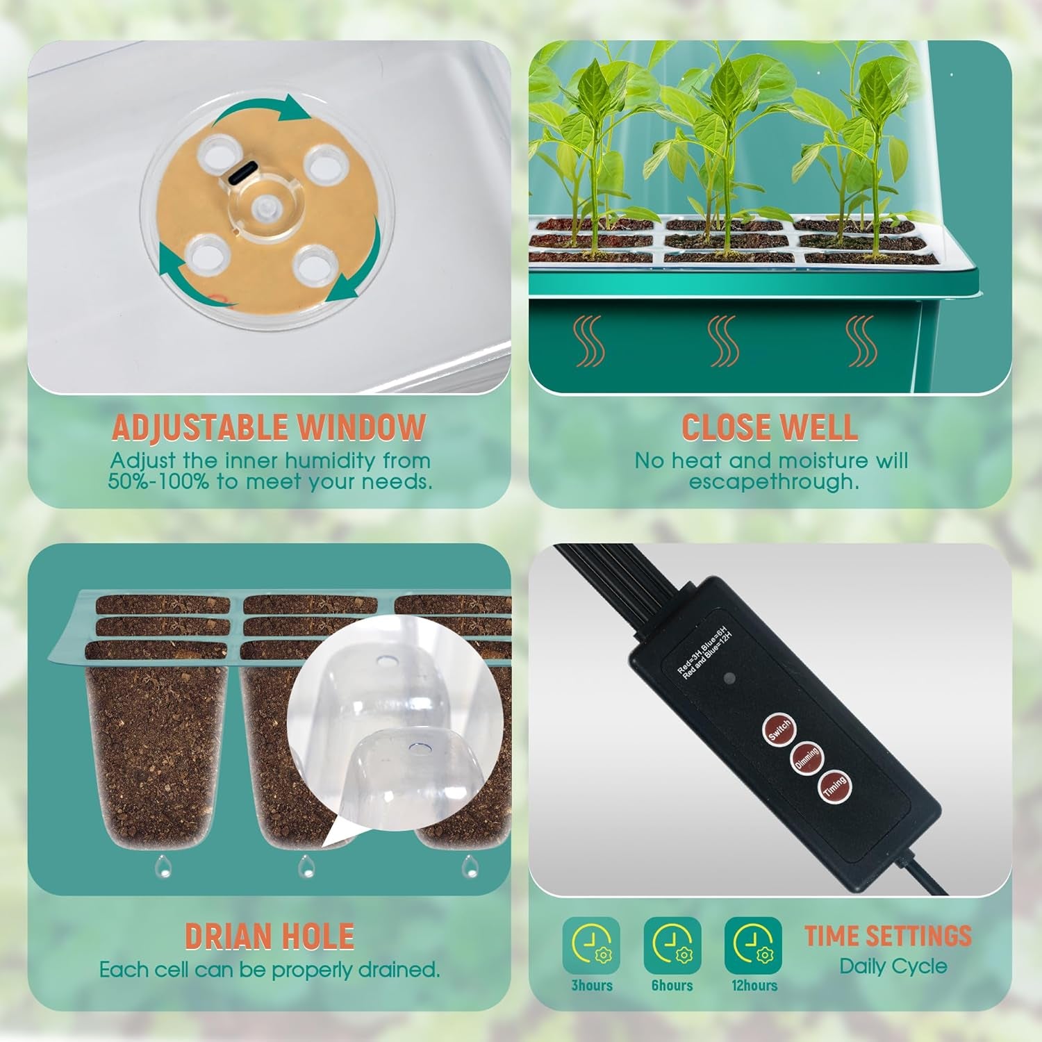 USB Powered 12-Set Seed Starter Tray with Grow Light, Seed Starting Trays Kits with Timing Controller Adjustable Humidity Domes Heightened Lids(12-Cells per Tray)