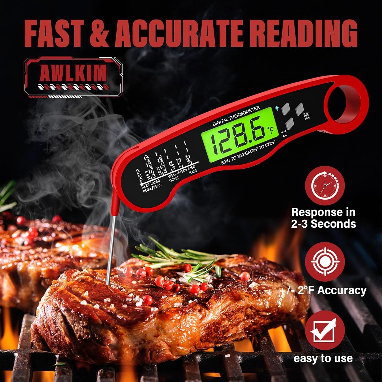 Digital Meat Thermometer, Instant Read Thermometer, Red | Food Thermometer for Grill, BBQ, Candy, Oil and Baking; Backlit Display, Foldable Probe and Magnetic Storage