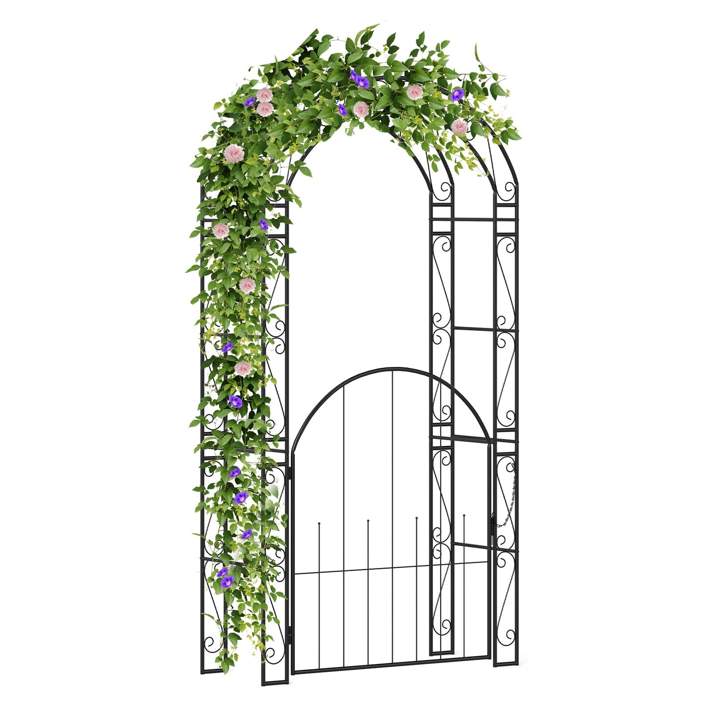 Metal Garden Arch Arbor with Gate – 84 Inch Tall Climbing Trellis for Outdoor Gardens