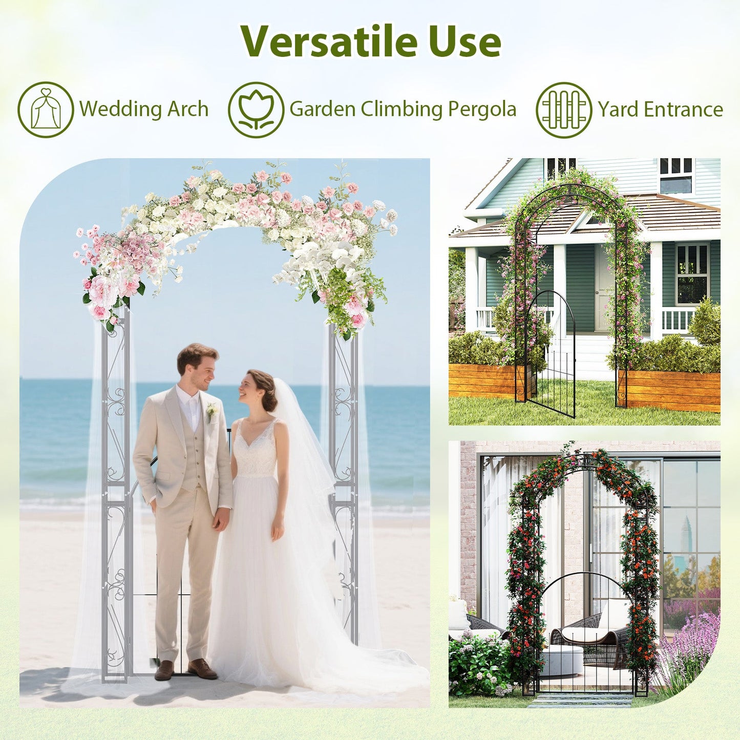 Metal Garden Arch Arbor with Gate – 84 Inch Tall Climbing Trellis for Outdoor Gardens