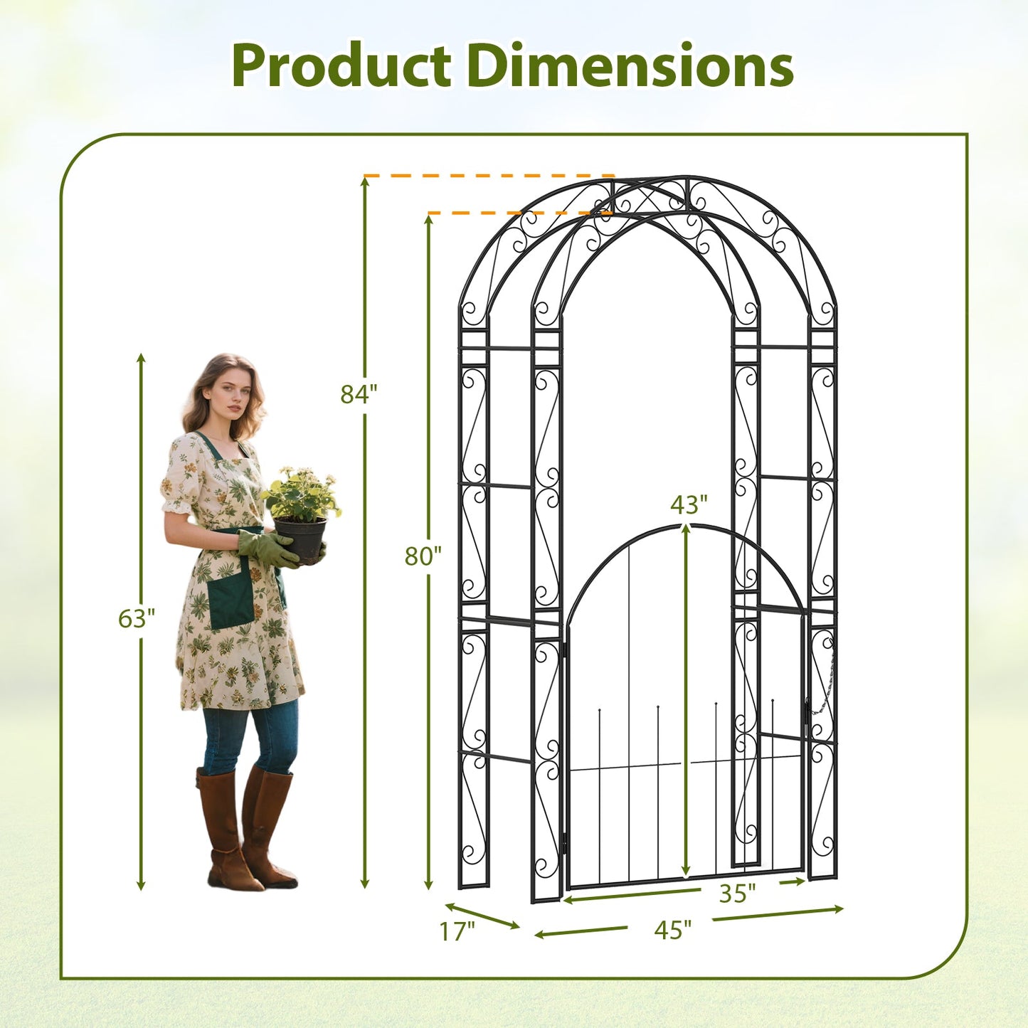 Metal Garden Arch Arbor with Gate – 84 Inch Tall Climbing Trellis for Outdoor Gardens
