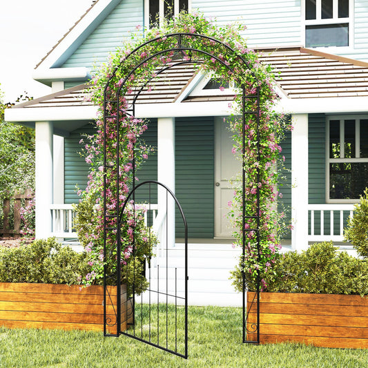 Metal Garden Arch Arbor with Gate – 84 Inch Tall Climbing Trellis for Outdoor Gardens