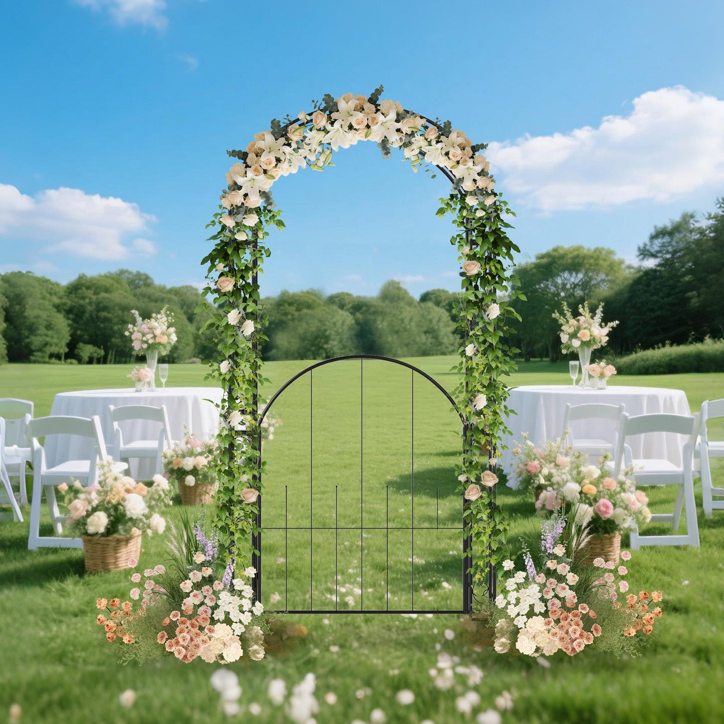 Metal Garden Arch Arbor with Gate – 84 Inch Tall Climbing Trellis for Outdoor Gardens