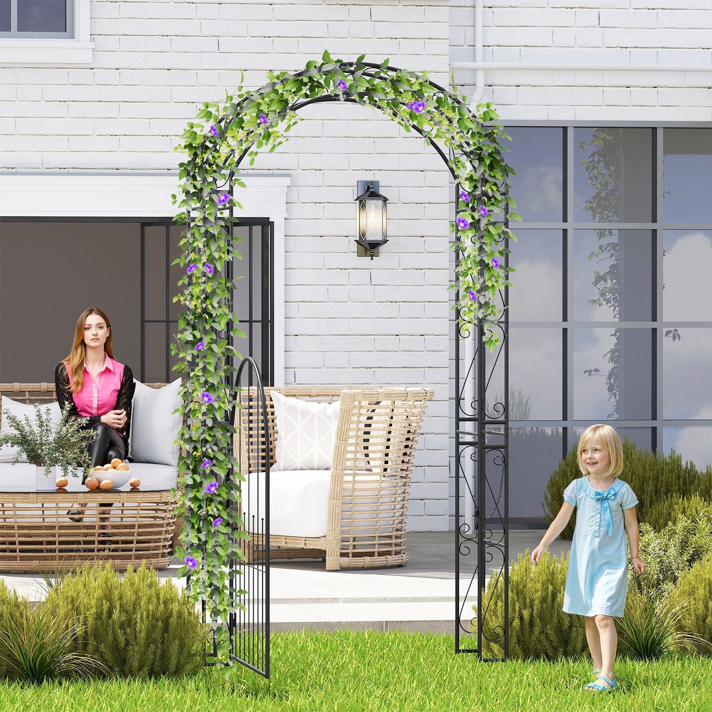 Metal Garden Arch Arbor with Gate – 84 Inch Tall Climbing Trellis for Outdoor Gardens