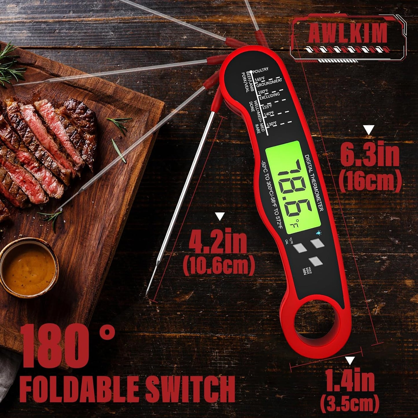 Digital Meat Thermometer, Instant Read Thermometer, Red | Food Thermometer for Grill, BBQ, Candy, Oil and Baking; Backlit Display, Foldable Probe and Magnetic Storage