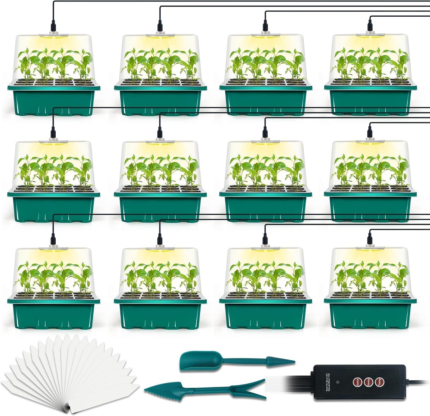 USB Powered 12-Set Seed Starter Tray with Grow Light, Seed Starting Trays Kits with Timing Controller Adjustable Humidity Domes Heightened Lids(12-Cells per Tray)