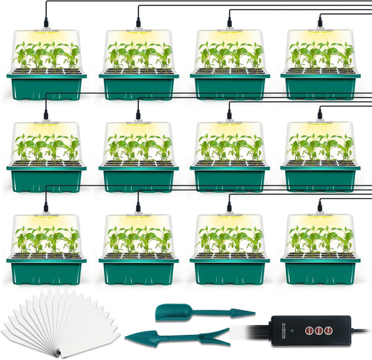 USB Powered 12-Set Seed Starter Tray with Grow Light, Seed Starting Trays Kits with Timing Controller Adjustable Humidity Domes Heightened Lids(12-Cells per Tray)