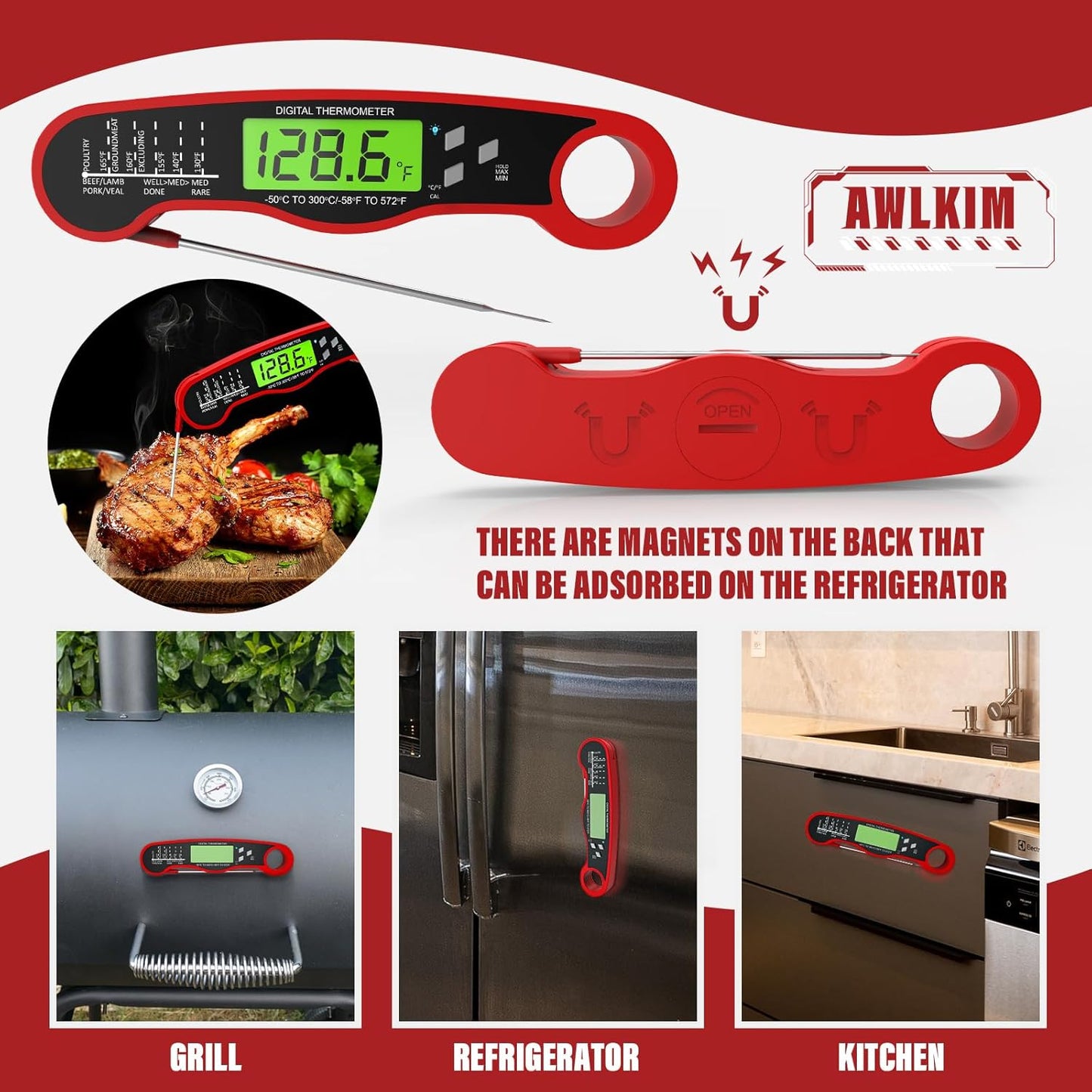 Digital Meat Thermometer, Instant Read Thermometer, Red | Food Thermometer for Grill, BBQ, Candy, Oil and Baking; Backlit Display, Foldable Probe and Magnetic Storage