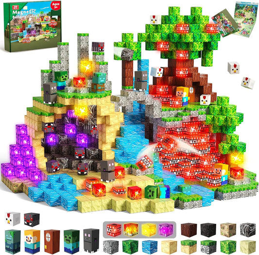 200PCS Magnetic Blocks with Light-Up Blocks - Magnetic Building Blocks Playset, Magnetic Stacking Cube Toys, STEM Sensory Montessori Learning Toys, Birthday Gifts for Kids Boys and Girls Age 3+