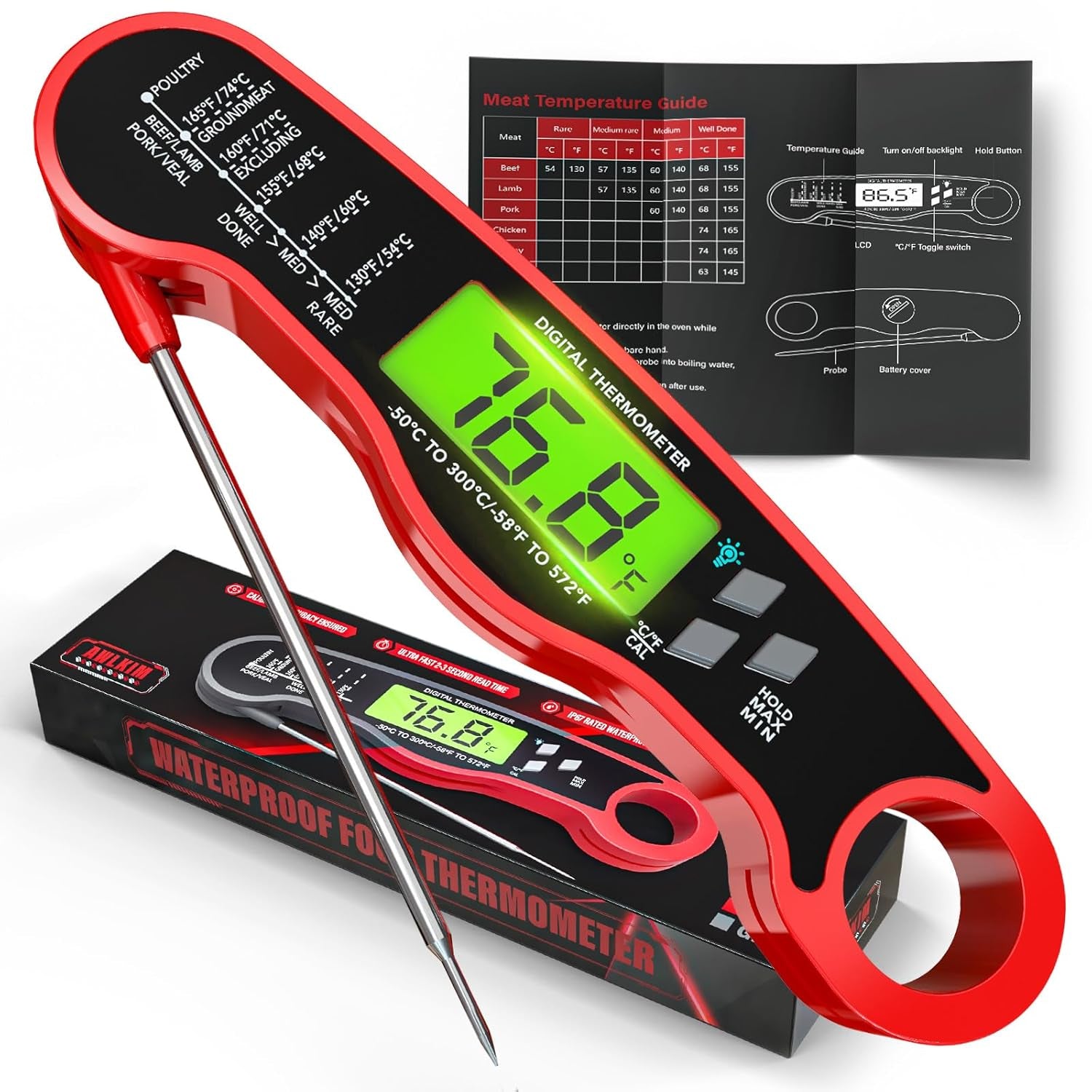 Digital Meat Thermometer, Instant Read Thermometer, Red | Food Thermometer for Grill, BBQ, Candy, Oil and Baking; Backlit Display, Foldable Probe and Magnetic Storage
