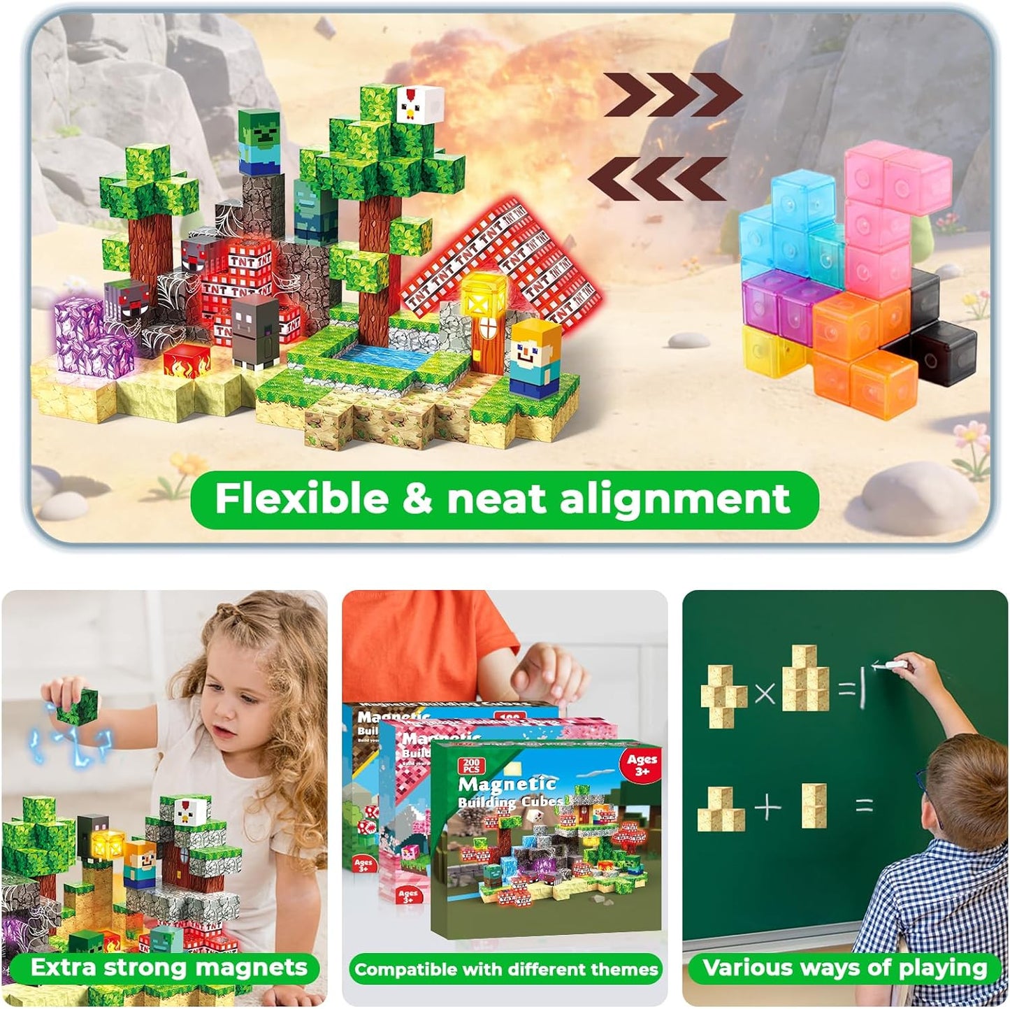 200PCS Magnetic Blocks with Light-Up Blocks - Magnetic Building Blocks Playset, Magnetic Stacking Cube Toys, STEM Sensory Montessori Learning Toys, Birthday Gifts for Kids Boys and Girls Age 3+