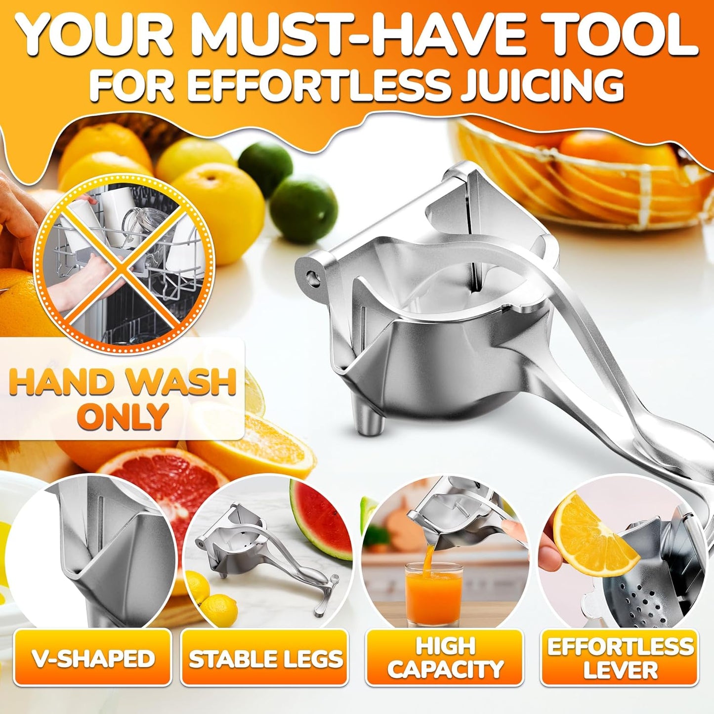 Manual Juicer Hand Press with Ergonomic Heavy Duty Handle – Pour Spout for Mess-Free Pouring, Aluminum Alloy Hand Juicer Squeezer | 0.6 L Bowl – Juice Press for Orange, Lime & 4Th of July Lemonade
