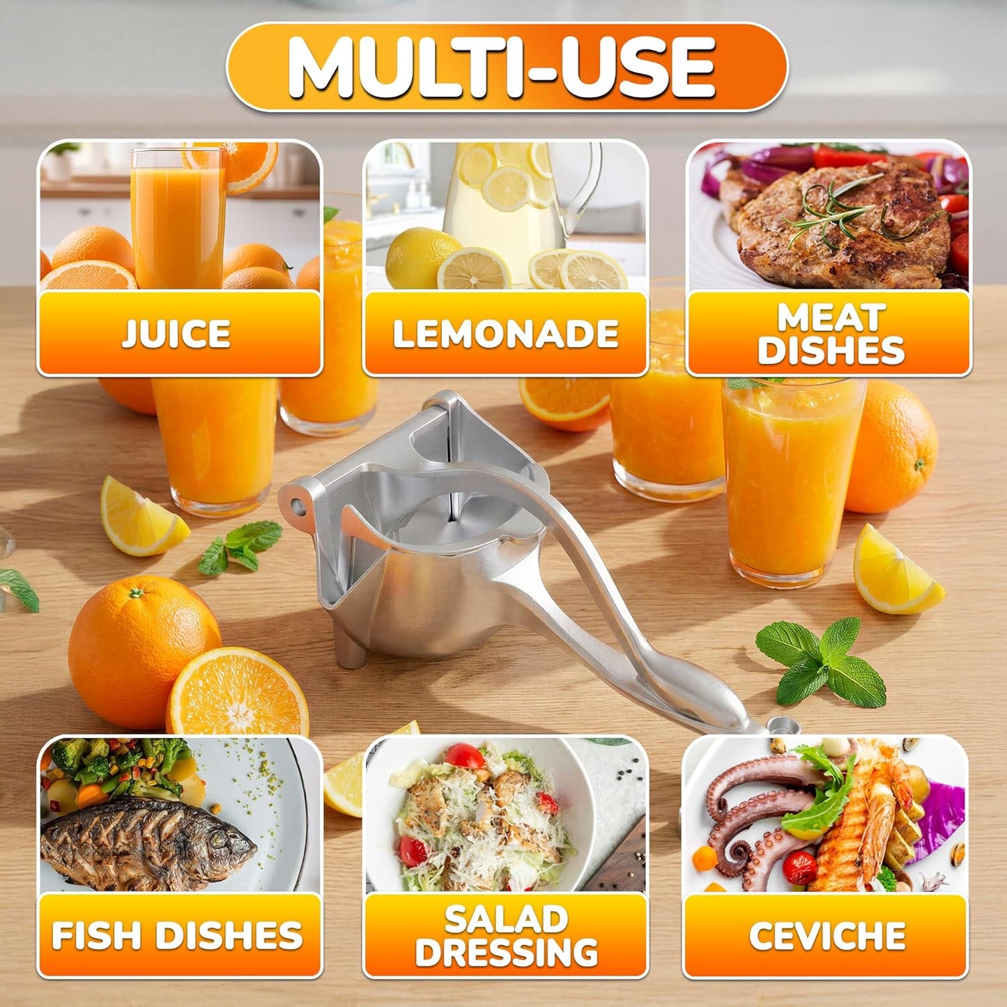 Manual Juicer Hand Press with Ergonomic Heavy Duty Handle – Pour Spout for Mess-Free Pouring, Aluminum Alloy Hand Juicer Squeezer | 0.6 L Bowl – Juice Press for Orange, Lime & 4Th of July Lemonade