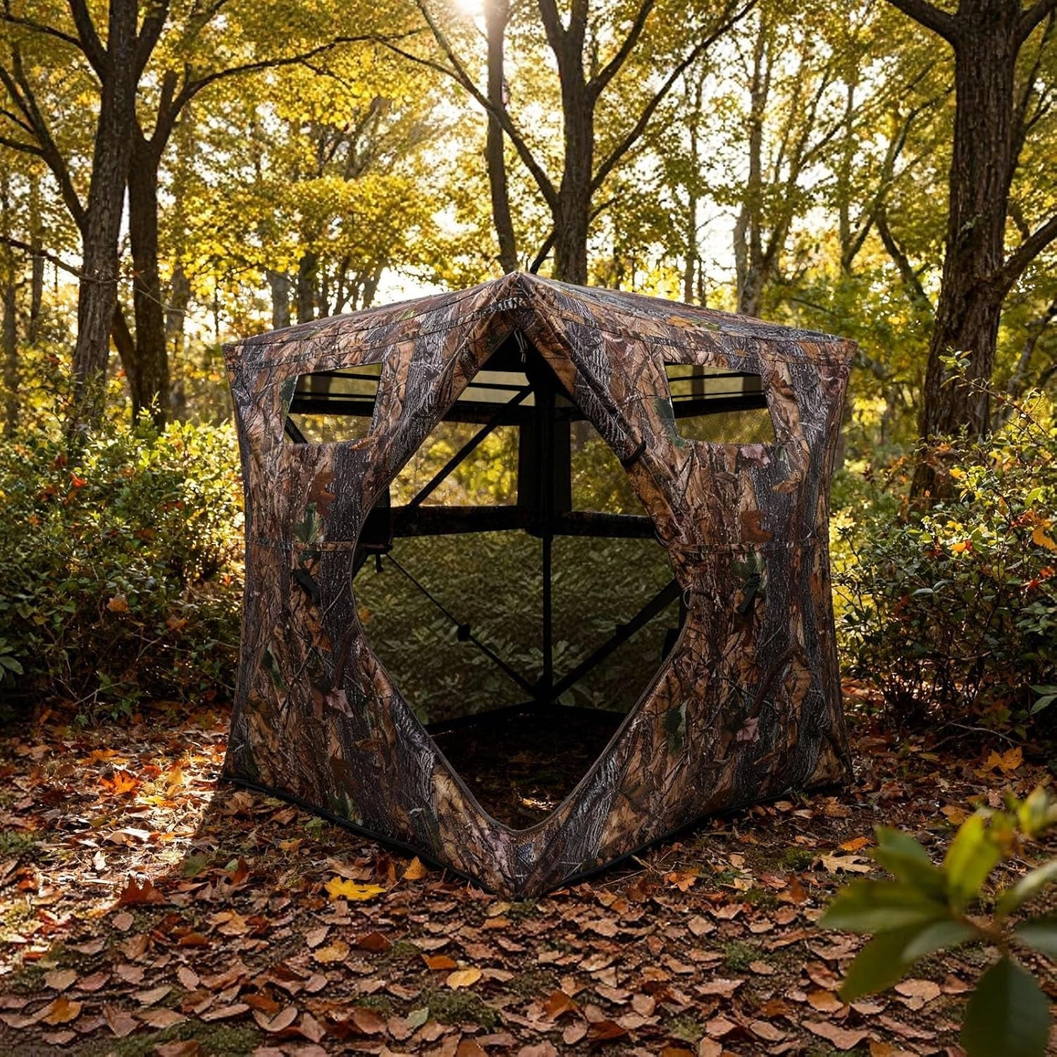 Hunting Blind with Floor Mat, 360 Degree See through Ground Blind with Carrying Bag, 2/3/4 Person Pop up Camouflage Tent Portable Concealed Shelter