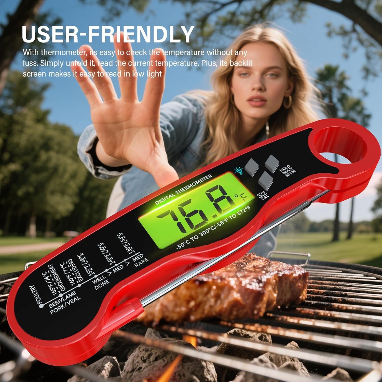 Digital Meat Thermometer, Instant Read Thermometer, Red | Food Thermometer for Grill, BBQ, Candy, Oil and Baking; Backlit Display, Foldable Probe and Magnetic Storage